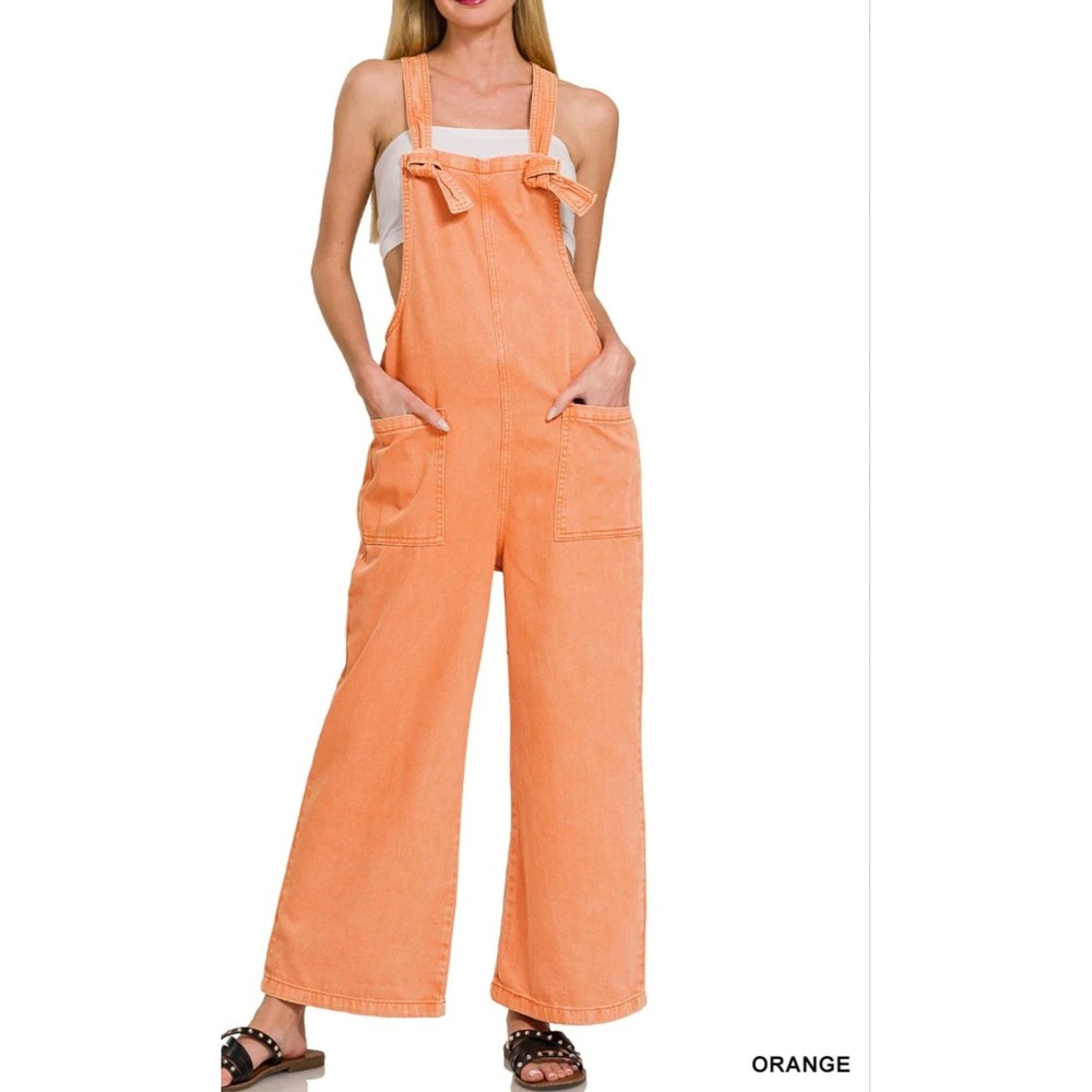 Zenana Peach Denim Wide Leg Overalls Adjustable Knot‎ Straps DMO-1864Y Small NEW